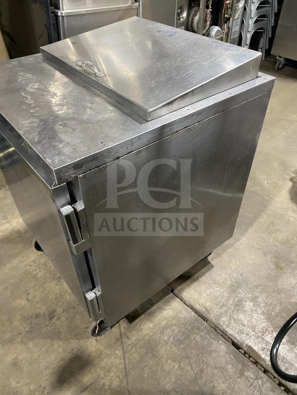 Beverage Air SP27 stainless steel sandwich prep table with refrigerated storage, single door, on casters, 115V, 1 Phase.