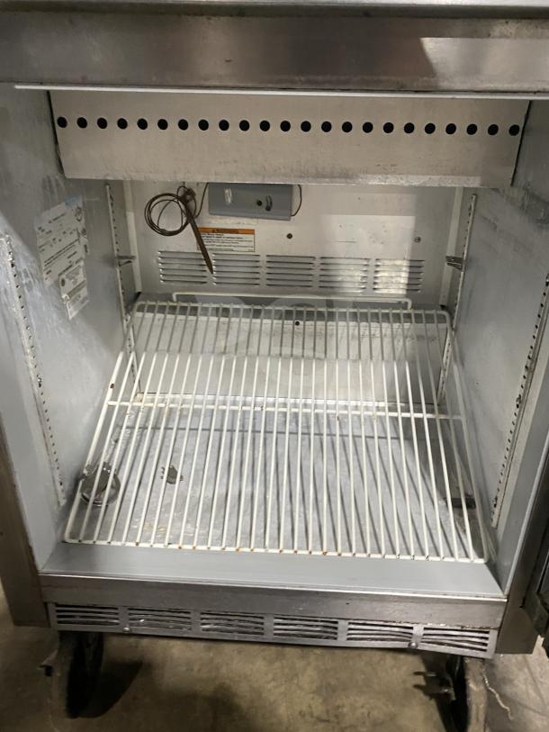 Beverage Air SP27 stainless steel sandwich prep table, single door, refrigerated storage, 115V, on casters, model SP27.