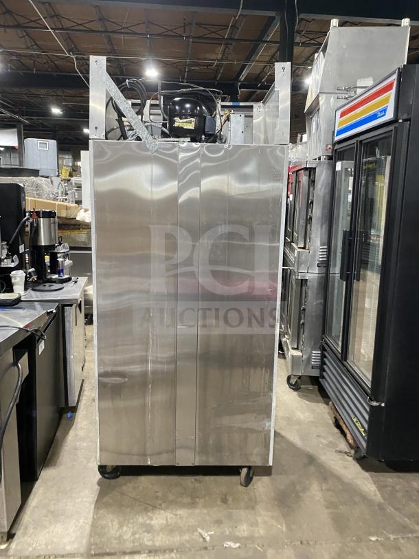 Victory Commercial Stainless Steel Single Door Roll-In Refrigerator, 115V 1 Phase, good condition, visible motor unit.