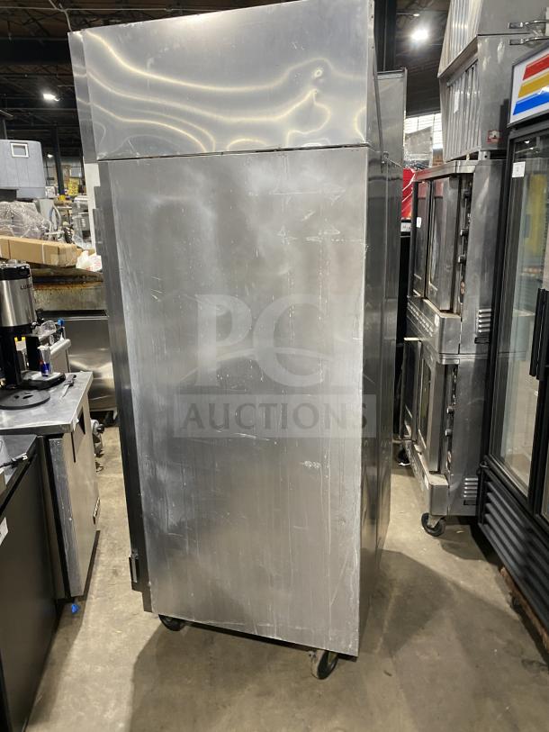 Victory Commercial Stainless Steel Roll-In Refrigerator, single door, 115V, on castors. Some surface wear visible.