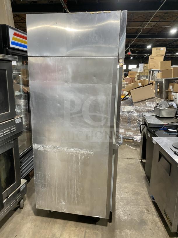 Victory commercial stainless steel single door roll-in refrigerator, 115V, 1 phase. Used condition with visible surface wear.