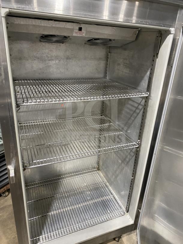 Victory stainless steel single door roll-in refrigerator with three wire shelves, 115V 1 Phase, excellent condition.