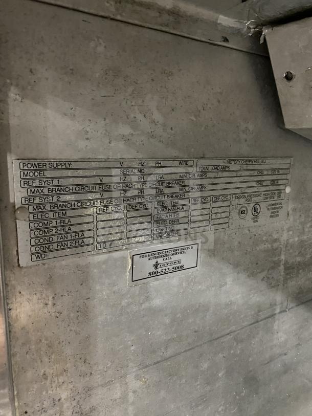 Victory Commercial Stainless Steel Roll-In Refrigerator label, showing power supply and model information.