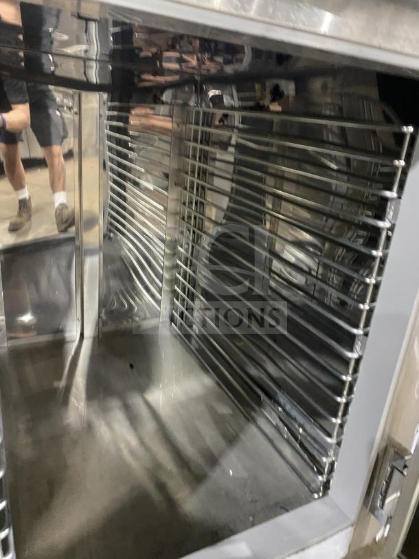 Customcool LB93SE commercial stainless steel white prep table with refrigeration, on casters, internal shelving, 115V, 1 phase.