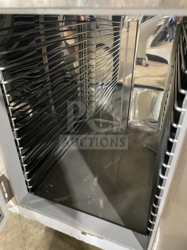 Customcool Commercial Stainless Steel Prep Table, Model LB93SE, featuring refrigerated interior and caster wheels.