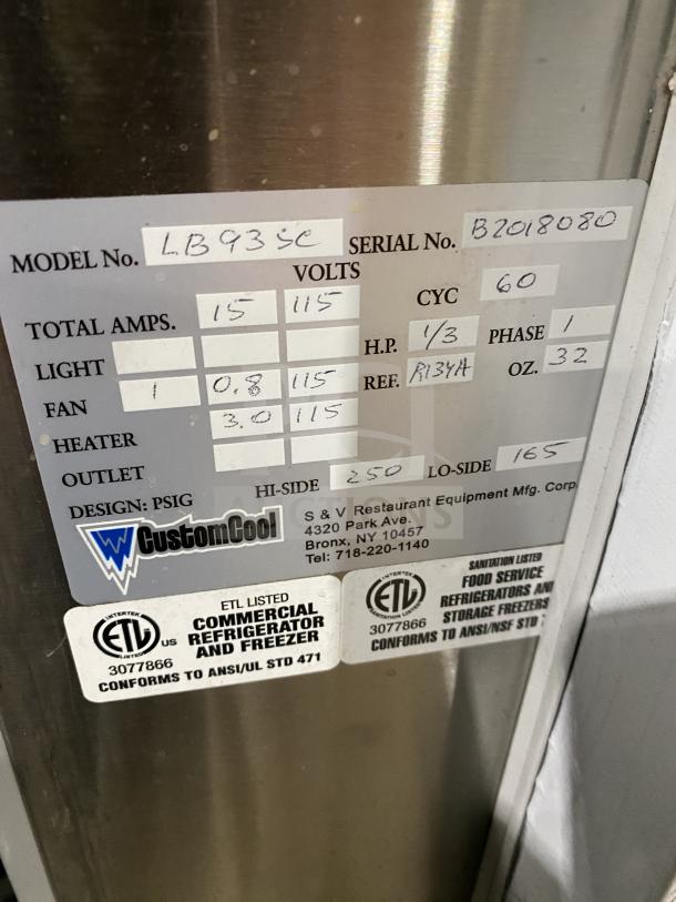 Customcool stainless steel prep table, model LB93SE, SN B2018080, 115V, on casters, ETL listed, commercial refrigerator.