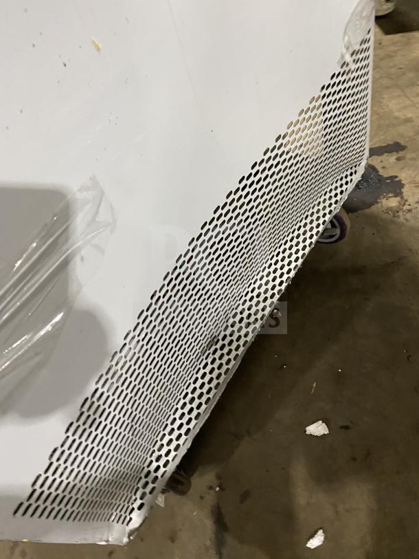 Customcool Commercial Stainless Steel White Prep Table, Model LB93SE, refrigerated, on casters, 115V, 1 Phase, SN: B2018080.