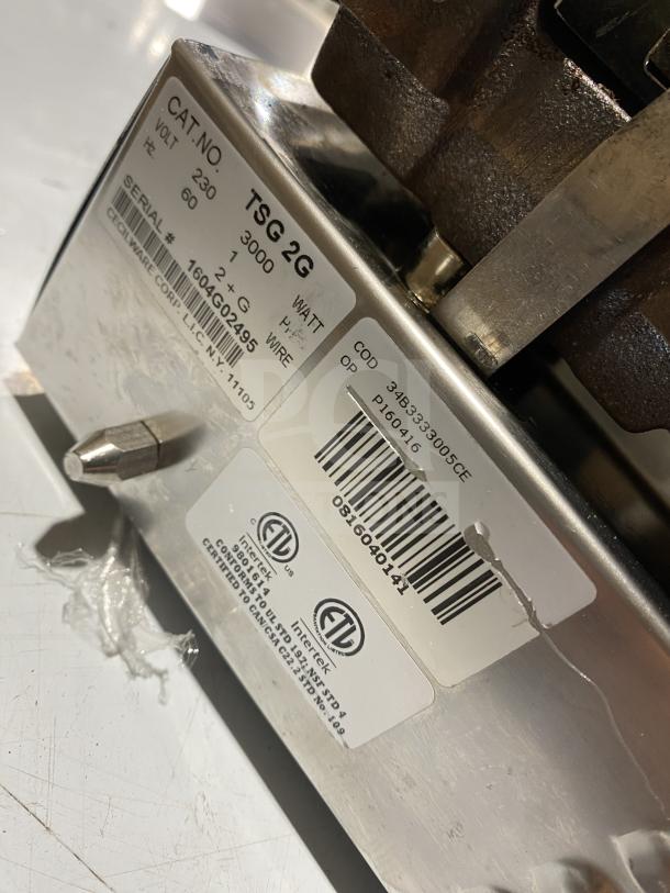 Ceciware TSG-2G Commercial Electric Panini Press, 230V, 1 Phase. Visible tags show model and serial number 1604G02495.