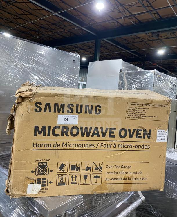 New Samsung ME213706BAG stainless steel countertop microwave oven, in box, model and serial numbers visible, 120V.