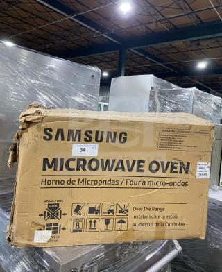 New Samsung ME213706BAG stainless steel countertop microwave oven, in box, model and serial numbers visible, 120V.