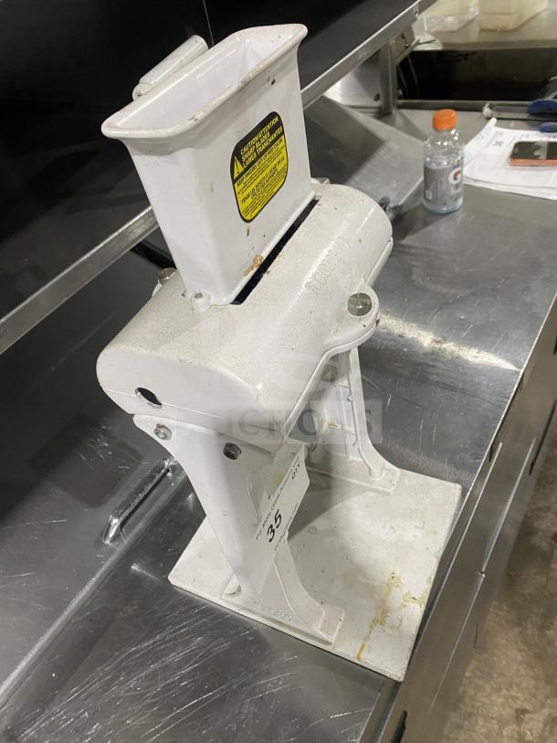 Wow! Rcomb Commercial Manual Heavy-Duty Meat Cuber & Tenderizer Machine, white, with safety label, moderate wear visible.