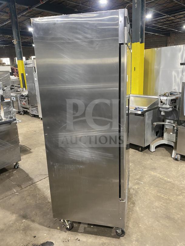 Turbo Air TSR-35SD commercial stainless steel 2-door refrigerator, 115V, shown in a warehouse setting, on casters.