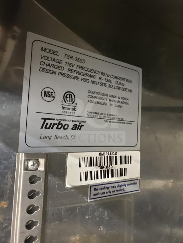 Turbo Air commercial 2-door refrigerator, model TSR-35SD, 115V, stainless steel, features NSF and ETL certifications.