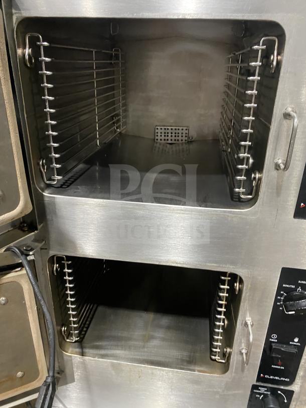 Cleveland 24CEM24 dual compartment electric convection steamer, stainless steel, commercial use, good condition, 202/220V 3 phase.