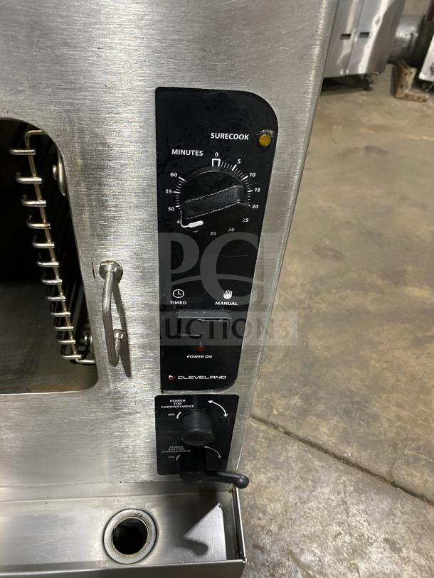 Cleveland 24CEM24 stainless steel dual compartment convection steamer, electric powered, 202/220V, control panel detail.