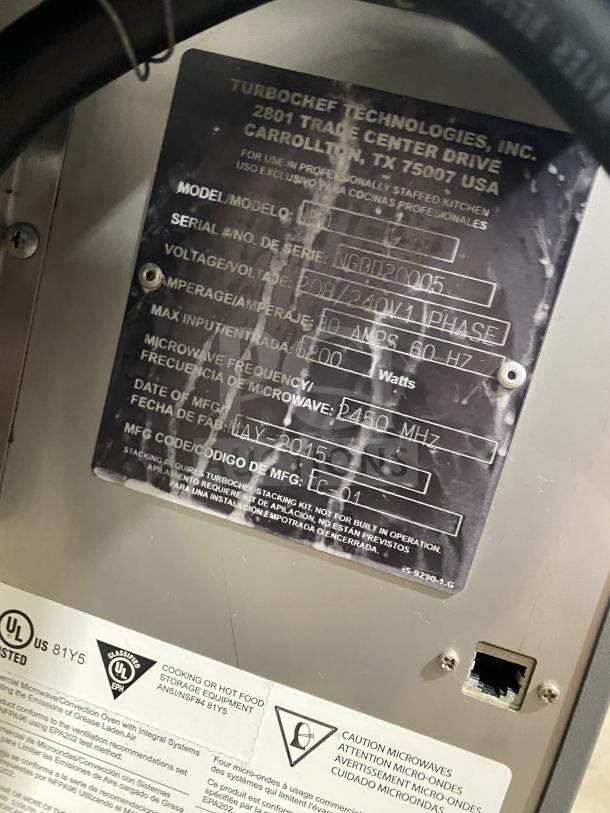 TurboChef NGO commercial countertop rapid cook oven, model NGO, SN: NGOD24099, with digital controls, 208/240V, 1 phase.