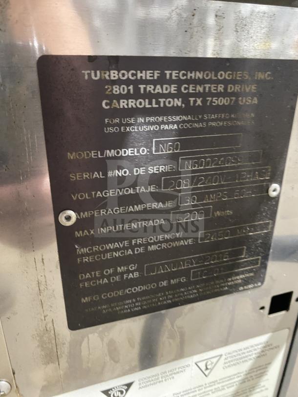 TurboChef Technologies label showing model NGO, serial N6002499, voltage 208/240V, 50 amps, 6200W, manufactured January 2016.