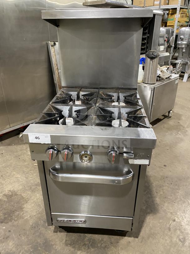 Southbend S241E stainless steel 4-burner range/oven combo, natural gas, with backsplash, overhead, and wired oven rack.