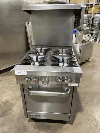 Southbend S241E stainless steel 4-burner range/oven combo, natural gas, with backsplash, overhead, and wired oven rack.