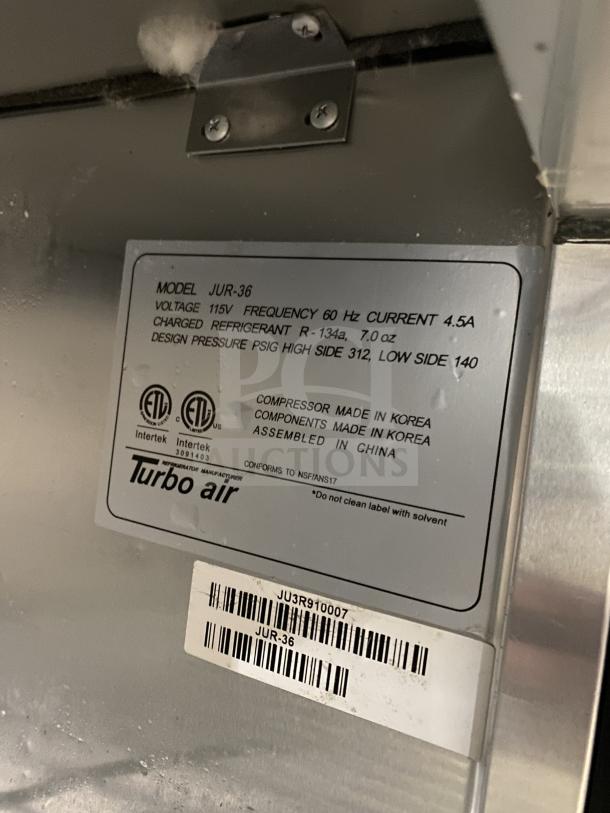 Turbo Air J-Series Model JUR-36 undercounter refrigerator with side mounted compressor, poly-coated wire rack, SN: JU3R910007, 115V.