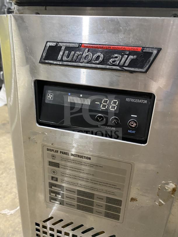 Turbo Air JUR-36 stainless steel undercounter refrigerator, 36", with side-mounted compressor, digital display, and instructions.