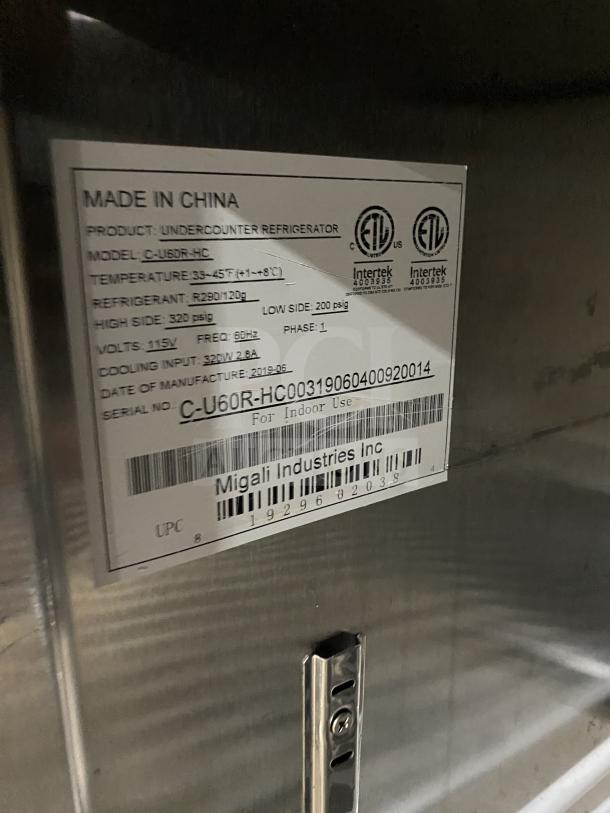 Migali C-U60R-HC 2-door undercounter refrigerator, stainless steel, on casters, poly coated wired rack, 115V, 1 phase.