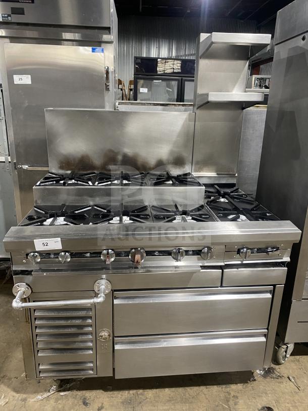 Jade TRLH-02S-T-48 commercial 8-burner stainless steel range with 2-drawer chef base, back splash, and double back guard.