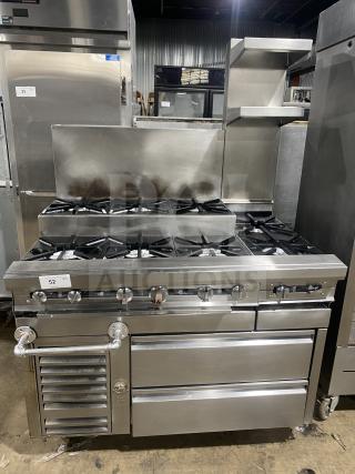 Wow! Jade Range Commercial Stainless Steel Natural Gas Powered 8-Burner Range/2-Drawer Chef Base! With Back Splash & Double Back Guard/Flue Riser! Model: TRLH-02S-T-48 SN: 63999! 115V 1 Phase! On Legs!