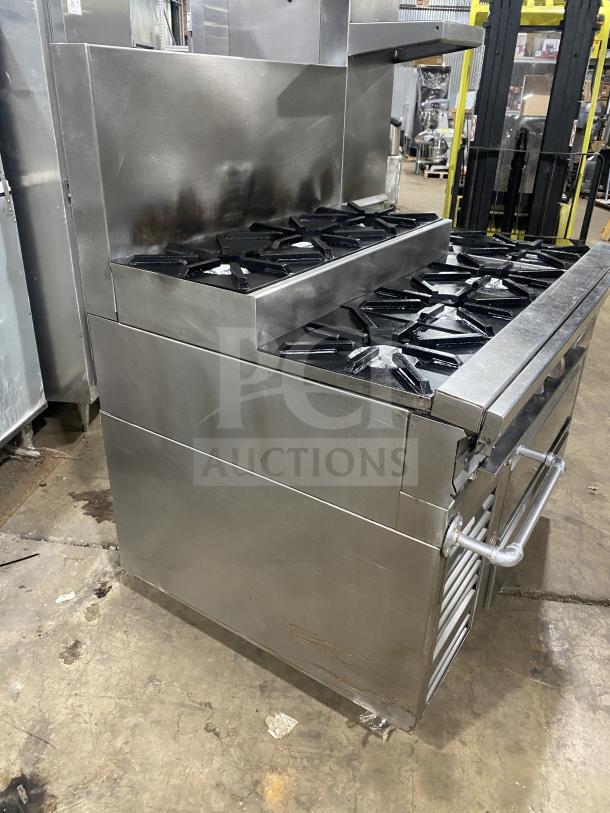 Jade Range commercial stainless steel 8-burner with 2-drawer chef base, model TRLH-02S-T-48, natural gas, back splash.