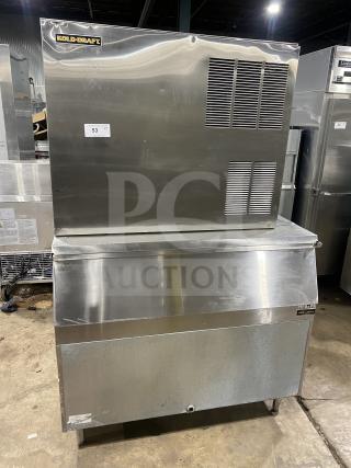 Kold Draft commercial stainless steel ice making machine on bin, Model C81064LC, 208/230V, good condition, on legs.