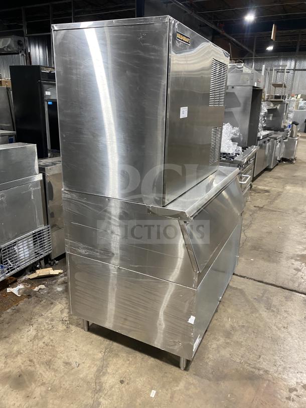 Kold Draft C81064LC stainless steel ice maker on commercial ice bin, excellent condition, 208/230V, on legs.