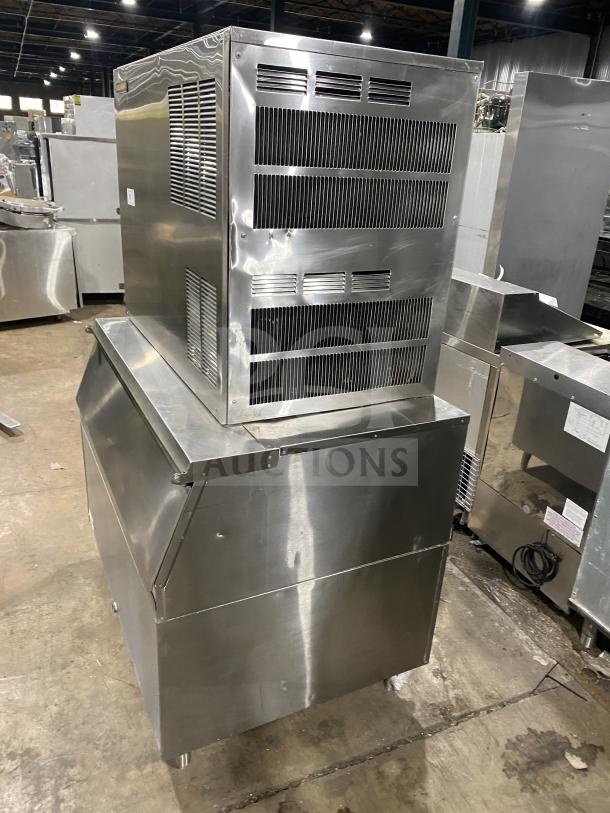 Kold Draft commercial ice machine, model C81064LC, stainless steel, on a commercial ice bin with legs, 208/230V.