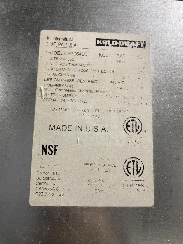 Kold Draft C81064LC ice machine on bin, stainless steel, commercial use, 208/230V, NSF certified, made in USA.