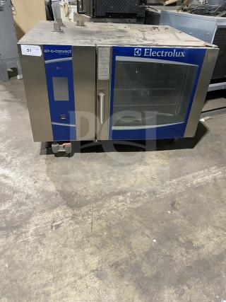 Wow! Electrolux Air-O-Convect Series Commercial Stainless Steel Natural Gas Powered Combi Oven! With Touchline Touch Controls! With Wired Oven Rack! Model: AOS062GKP1 SN: 40510001! 120V 1 Phase! On Legs!
