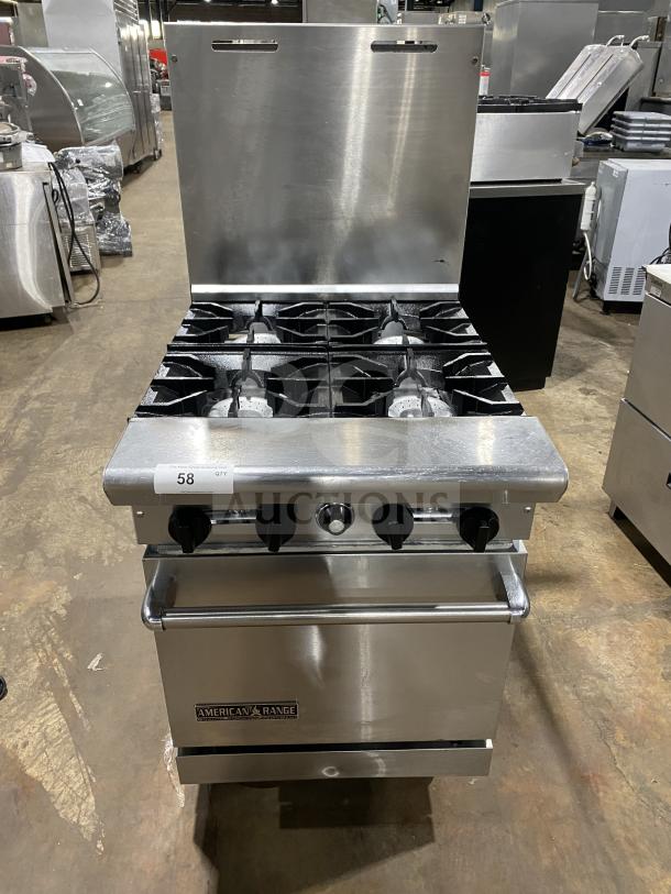 American Range commercial stainless steel 4-burner gas range/oven combo with backsplash, salamander shelf, wired oven rack, on casters.