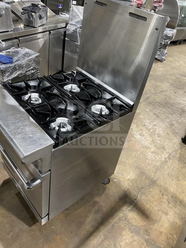 American Range stainless steel gas-powered 4-burner range oven combo with backsplash, salamander shelf, wired rack, on casters.