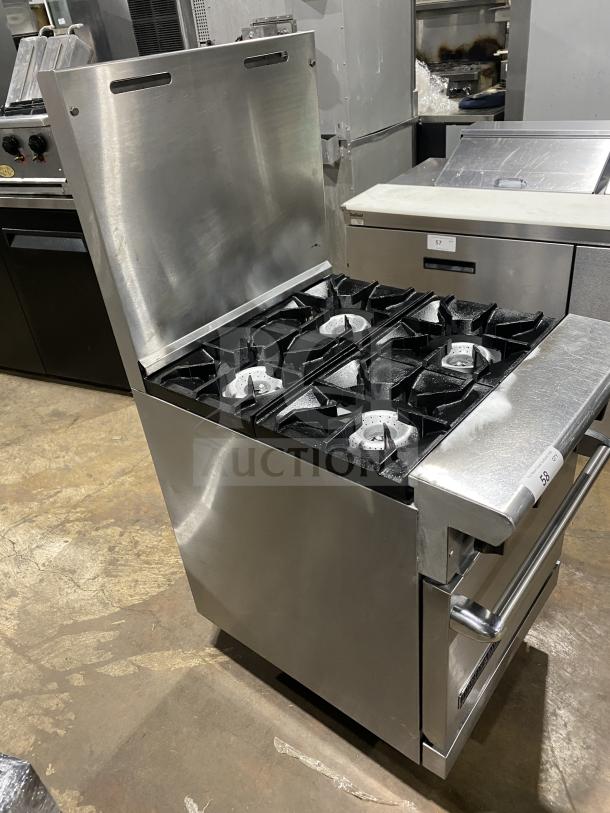 American Range commercial stainless steel gas-powered 4-burner range/oven combo with backsplash, overhead salamander shelf, and wired oven rack. Includes casters for mobility.