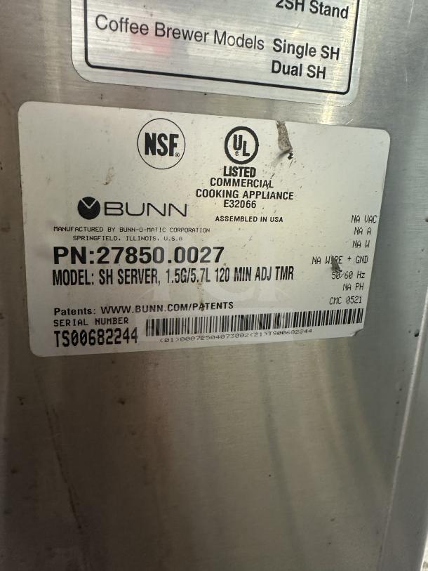 L&J Bunn SH SERVER commercial stainless steel 4-burner countertop hot plate, Serial: TS00682244, NSF and UL listed.