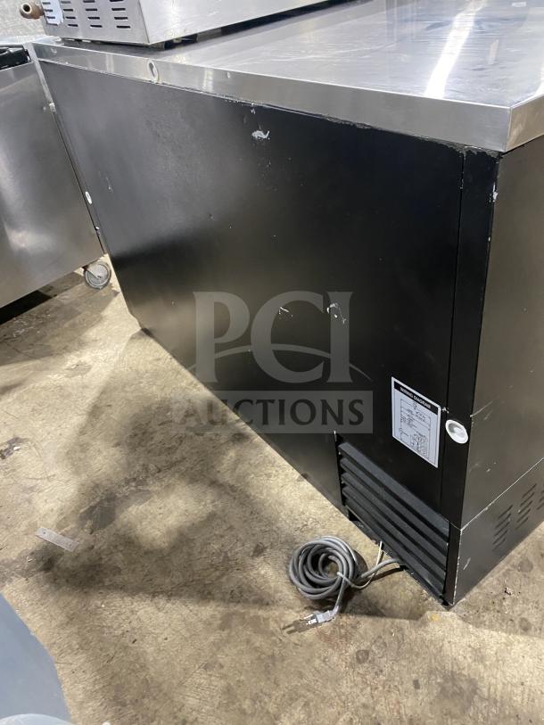 Turbo Air black 2-door bar back cooler, model TBB2SB, stainless steel worktop, poly-coated rack, on casters, 110/120V.