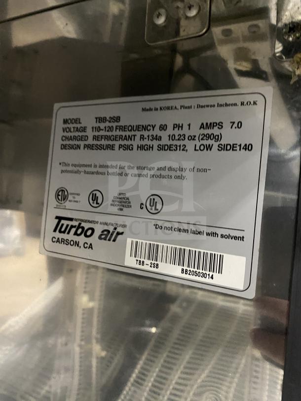 Turbo Air TBB-2SB bar back cooler label. Details: 110-120V, 60Hz, 1 Phase. Model and serial number shown.