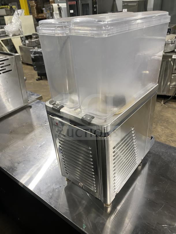 Crathco Classic Bubbler stainless steel beverage dispenser, model CS-2E/1D-16, with clear hoppers and double drip trays.