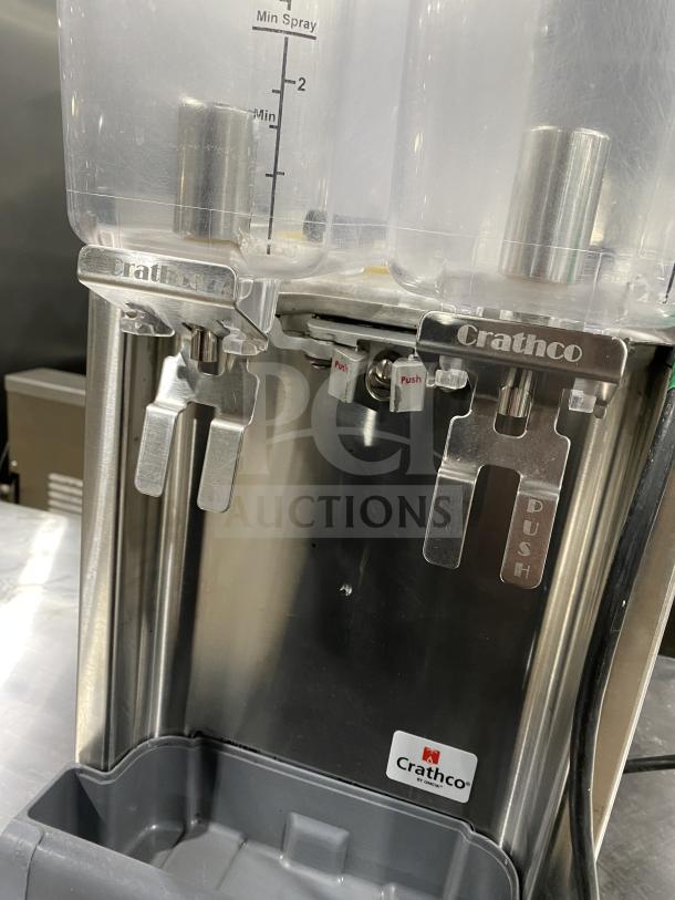 Crathco Classic Bubbler Series beverage dispenser, model CS-2E/1D-16, stainless steel, clear hoppers, double drip trays.