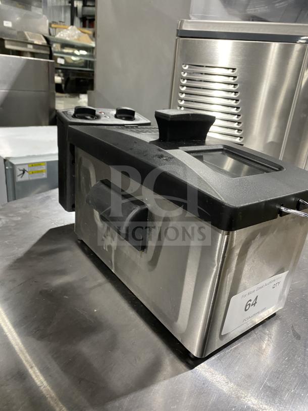 Hamilton Beach DF08 Commercial Deep Fryer, Model 35200, stainless steel, with fry basket, 120V, visible auction label.