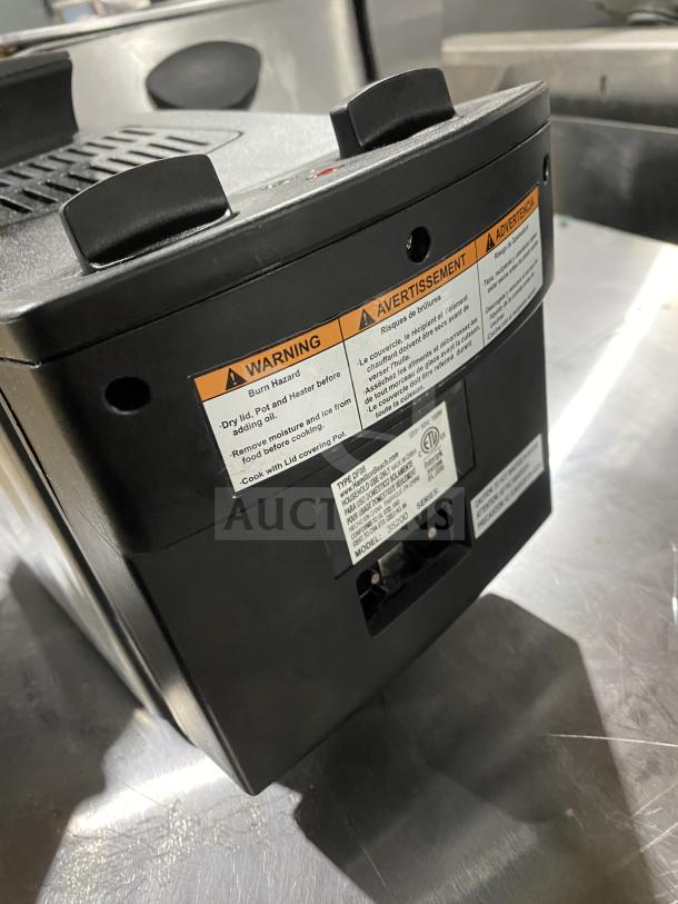 Hamilton Beach DF08 Commercial Deep Fryer, Model 35200, stainless steel exterior, includes fry basket, 120V, visible safety and model labels.
