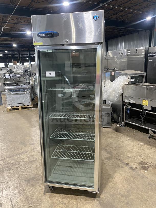 Hoshizaki commercial refrigerator, model CR1B-FGYCR, with glass door, stainless steel frame, poly-coated racks, on casters.