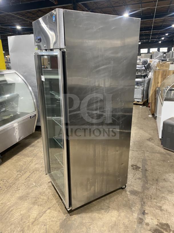 Hoshizaki CR1B-FGYCR stainless steel single glass swing door merchandiser refrigerator, Energy Star certified, with poly coated wired rack, on casters.