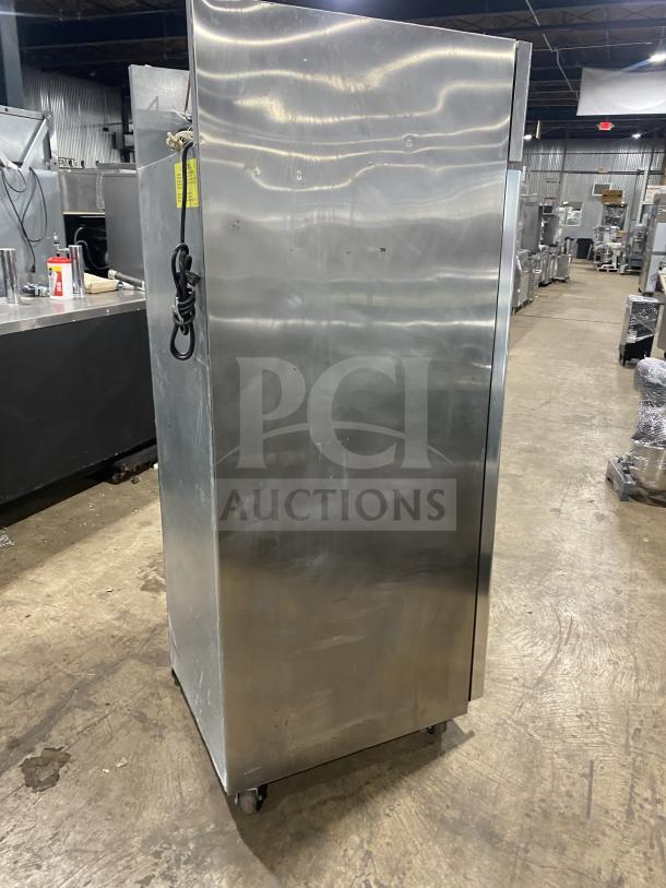 Hoshizaki stainless steel glass door merchandiser refrigerator, Model CR1B-FGYCR, on casters, poly coated rack.