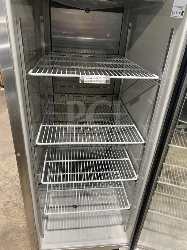 Hoshizaki Commercial Stainless Steel Single Glass Swing Door Merchandiser Refrigerator, Model CR1B-FGYCR, with poly coated wired rack, Energy Star certified, on casters.