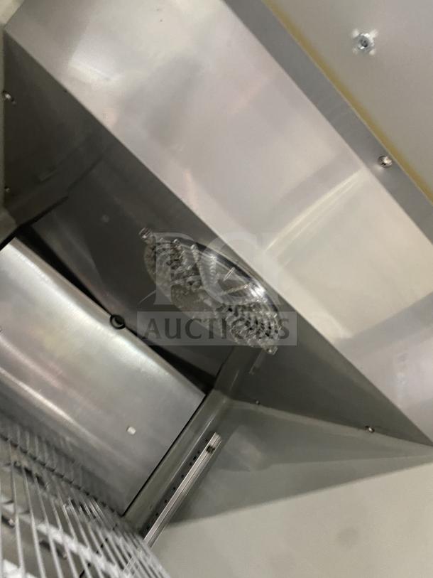 Hoshizaki commercial glass door fridge, Model CR1B-FGYCR, stainless steel, Energy Star certified, poly-coated rack, on casters.