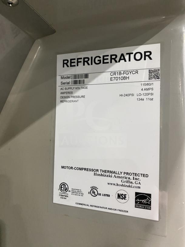 Hoshizaki CR1B-FGYCR commercial fridge label with model, serial number E70108H, energy certifications, and operational details.